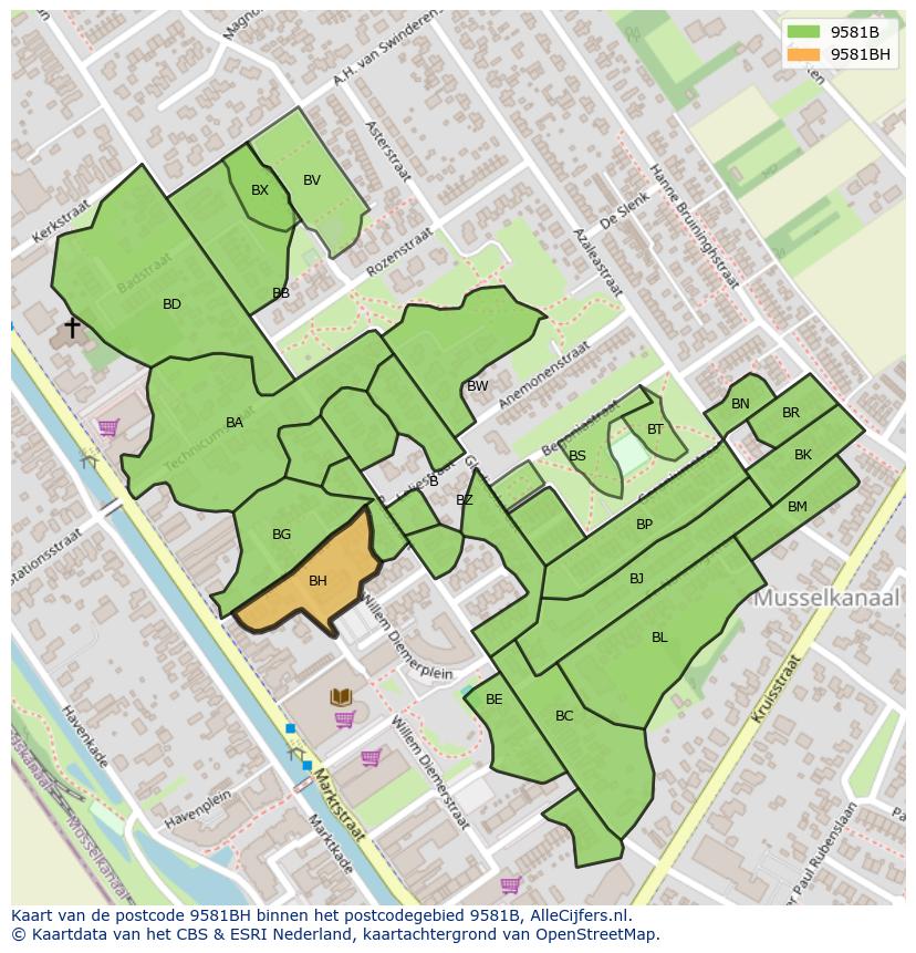 Afbeelding van het postcodegebied 9581 BH op de kaart.