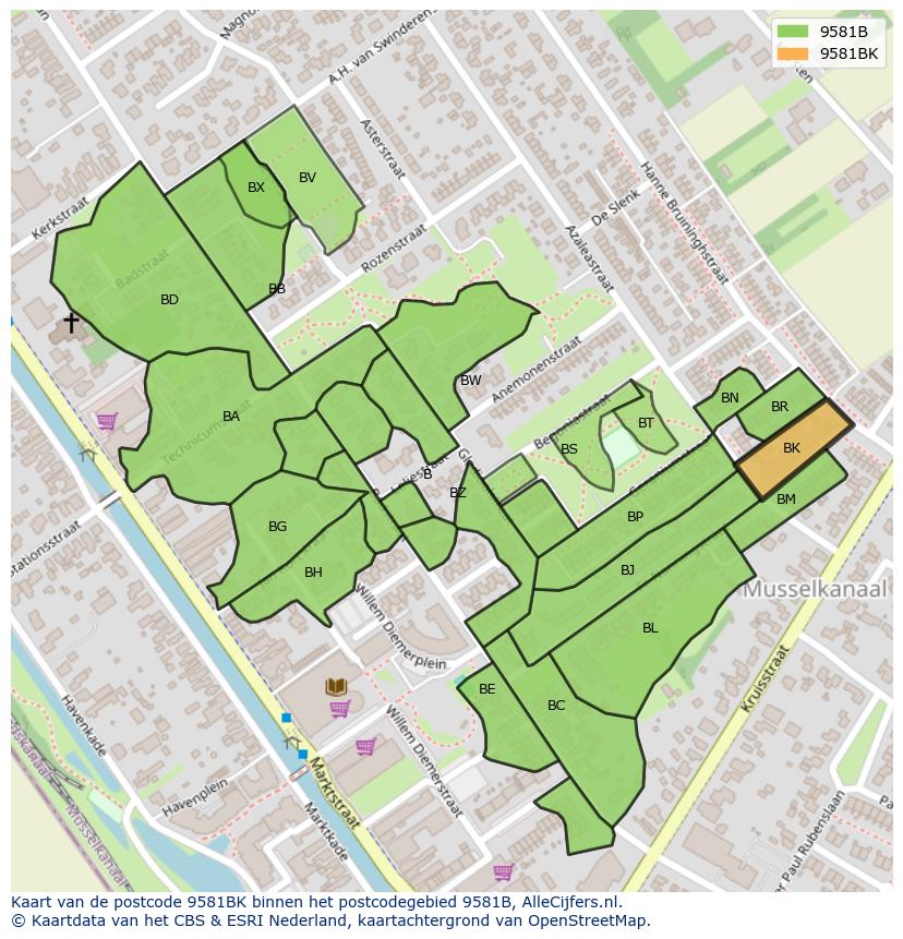 Afbeelding van het postcodegebied 9581 BK op de kaart.