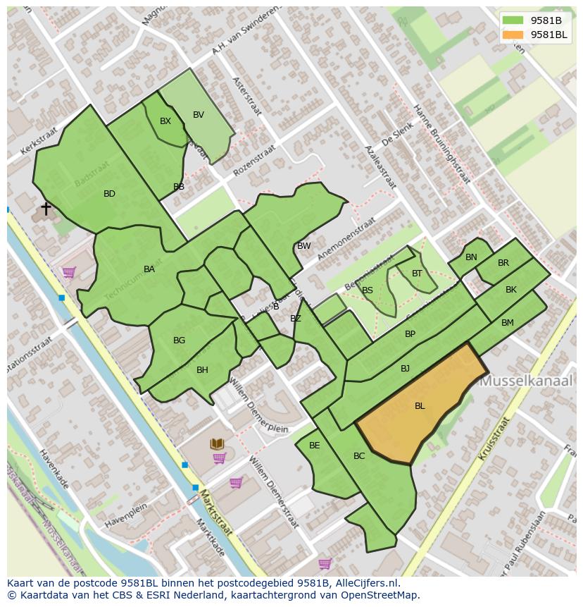 Afbeelding van het postcodegebied 9581 BL op de kaart.