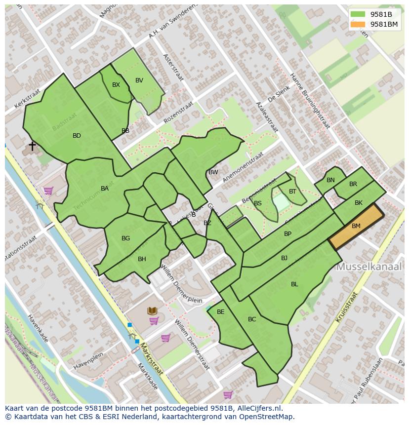 Afbeelding van het postcodegebied 9581 BM op de kaart.
