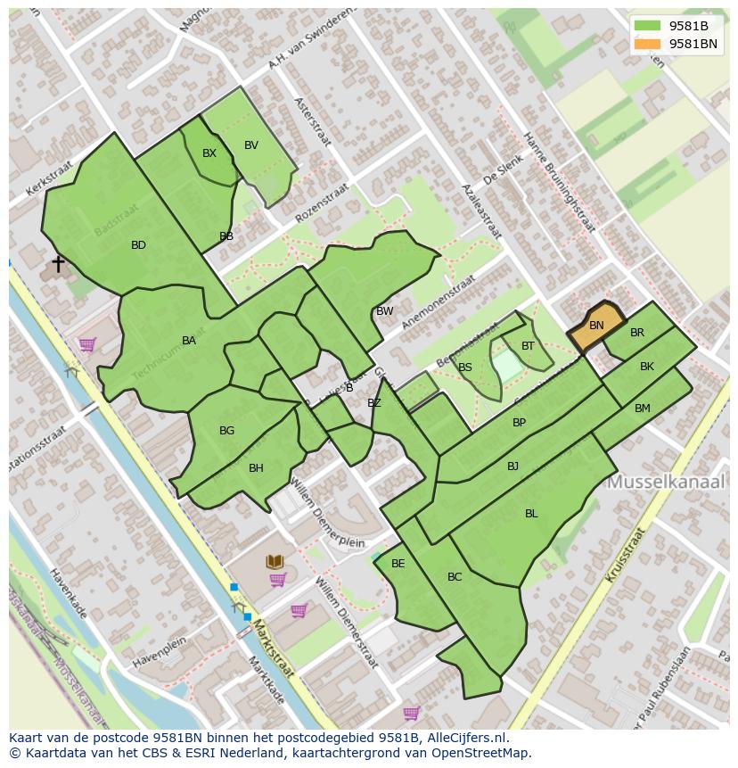 Afbeelding van het postcodegebied 9581 BN op de kaart.