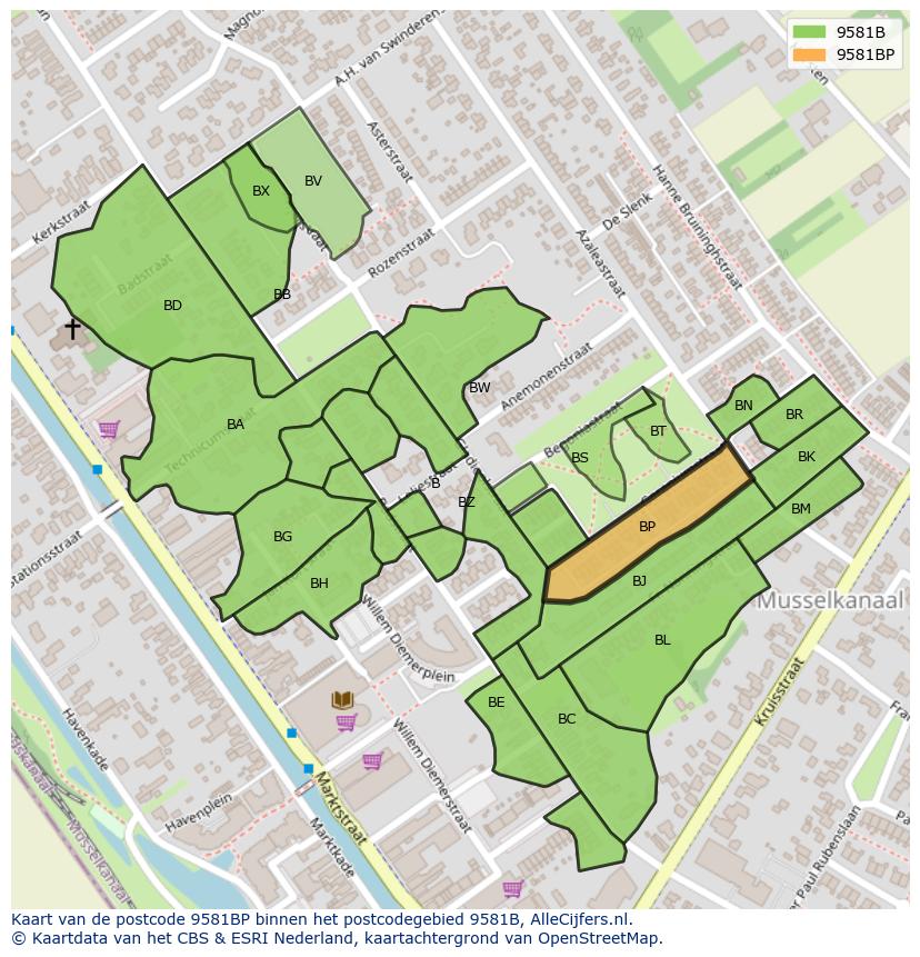 Afbeelding van het postcodegebied 9581 BP op de kaart.