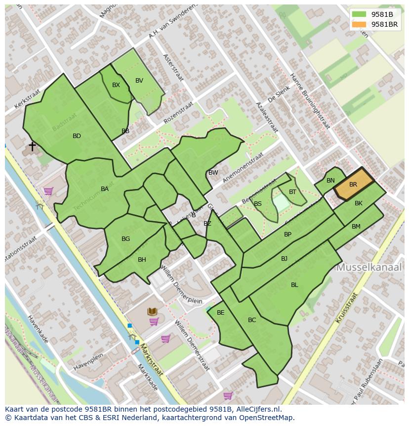Afbeelding van het postcodegebied 9581 BR op de kaart.