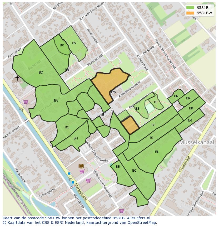 Afbeelding van het postcodegebied 9581 BW op de kaart.