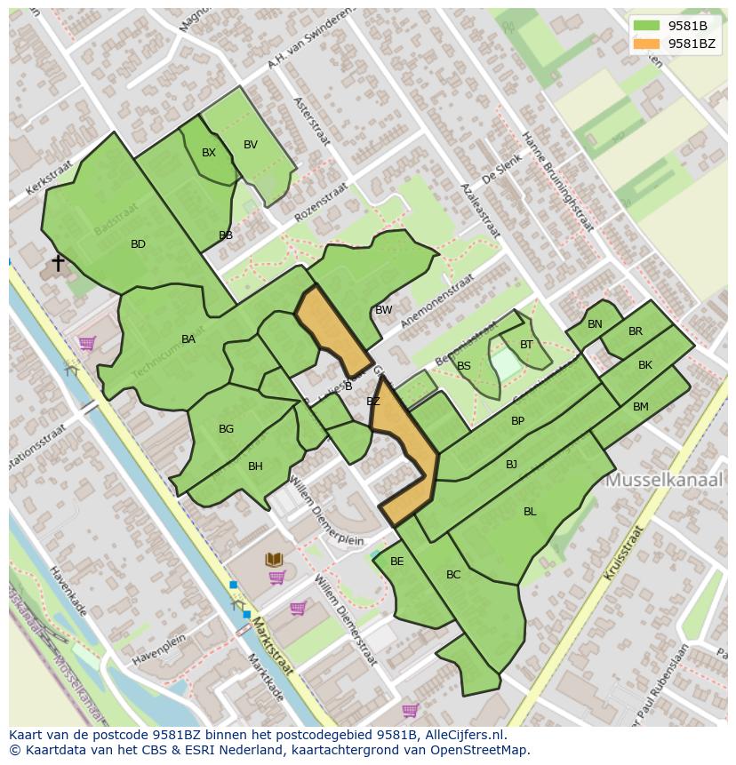 Afbeelding van het postcodegebied 9581 BZ op de kaart.