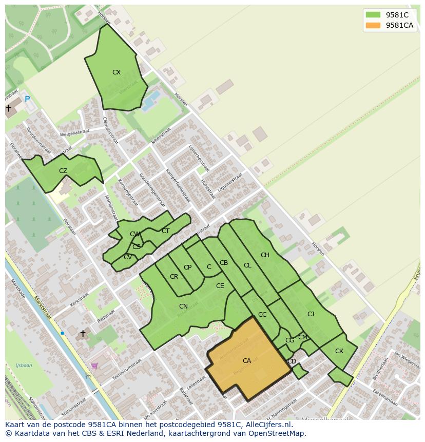 Afbeelding van het postcodegebied 9581 CA op de kaart.