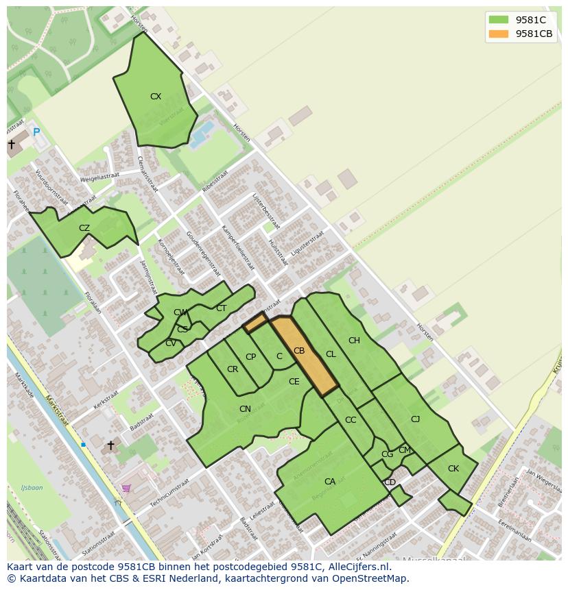 Afbeelding van het postcodegebied 9581 CB op de kaart.