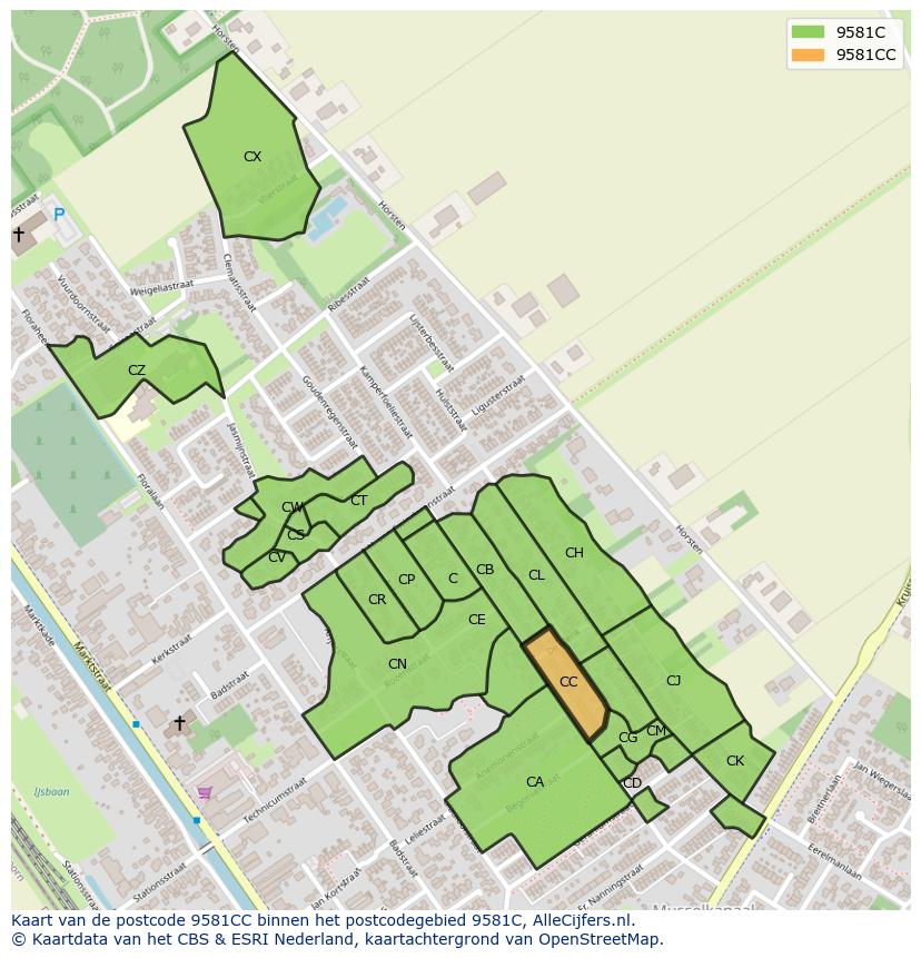 Afbeelding van het postcodegebied 9581 CC op de kaart.