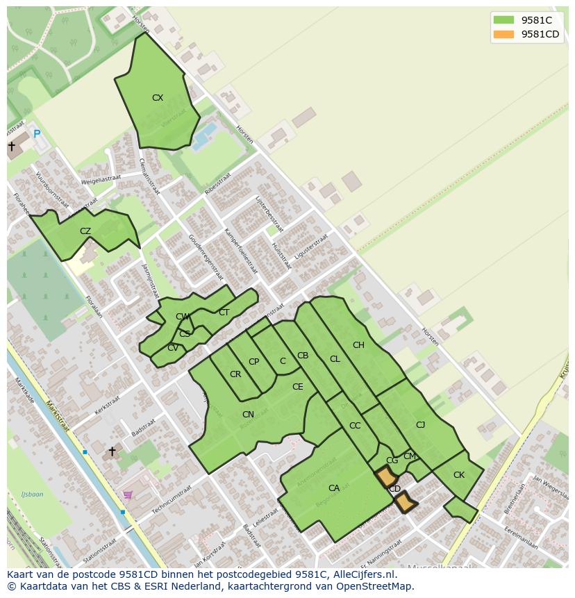 Afbeelding van het postcodegebied 9581 CD op de kaart.