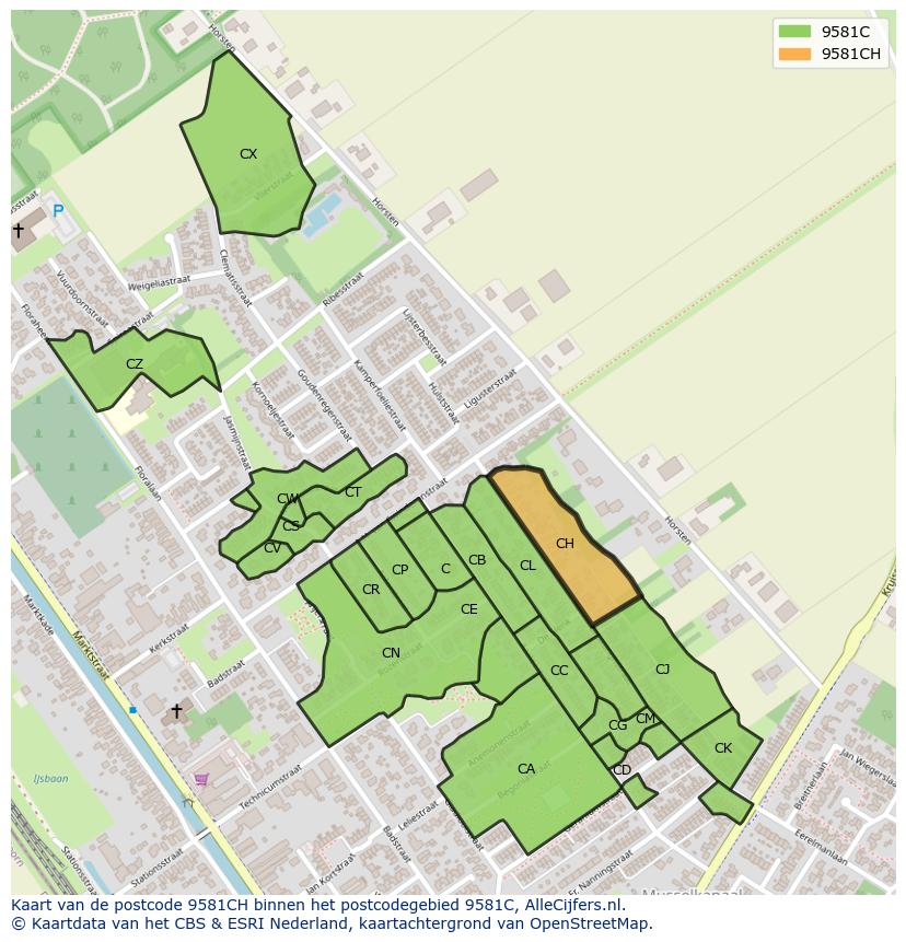 Afbeelding van het postcodegebied 9581 CH op de kaart.
