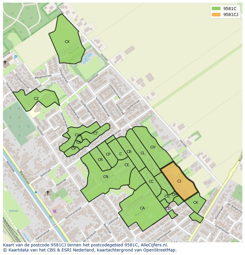 Afbeelding van het postcodegebied 9581 CJ op de kaart.