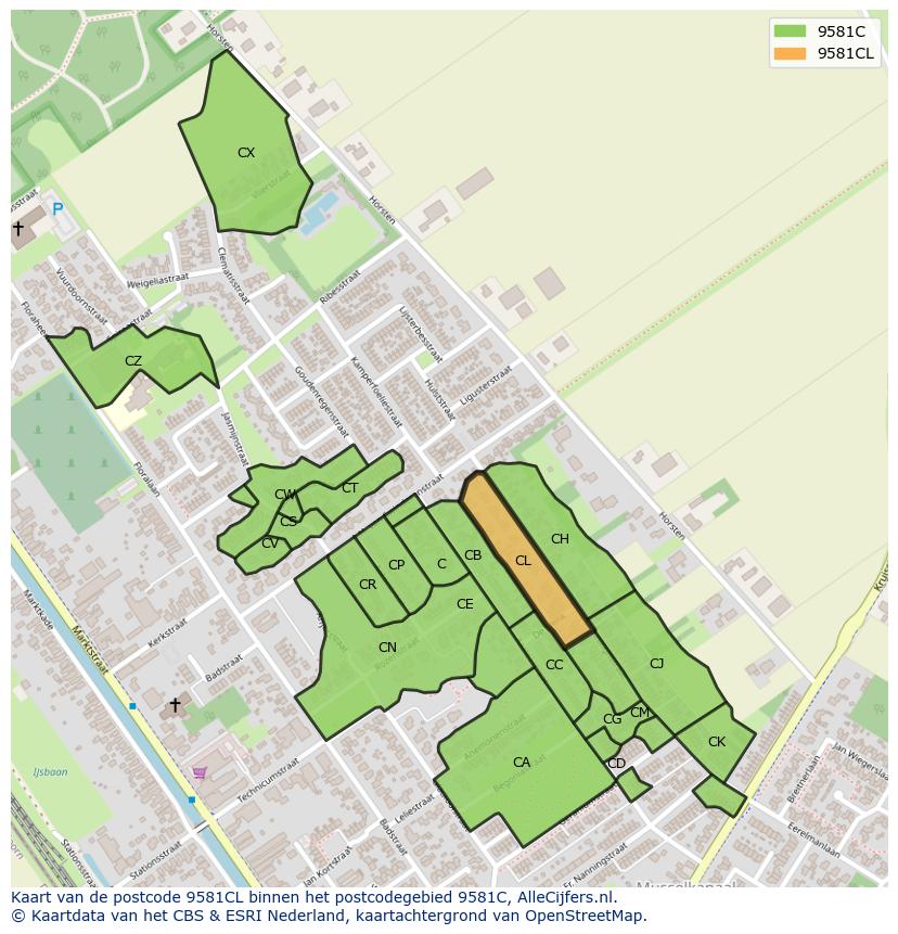 Afbeelding van het postcodegebied 9581 CL op de kaart.
