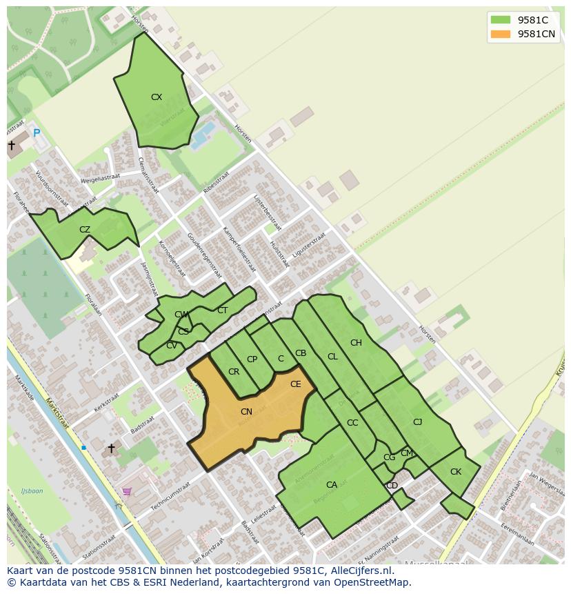 Afbeelding van het postcodegebied 9581 CN op de kaart.
