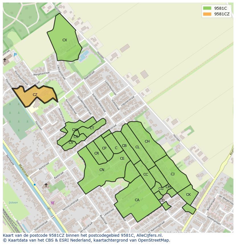 Afbeelding van het postcodegebied 9581 CZ op de kaart.