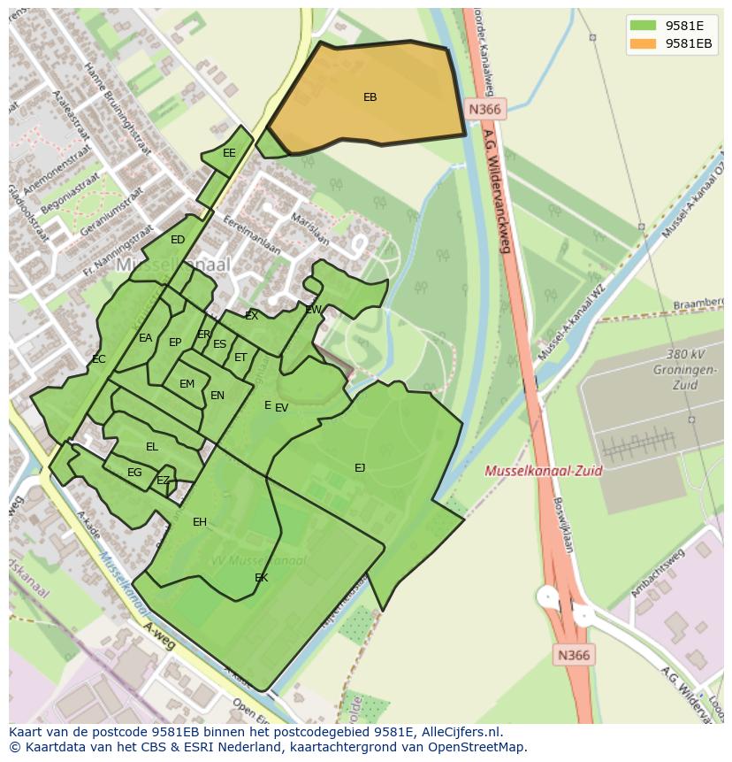 Afbeelding van het postcodegebied 9581 EB op de kaart.
