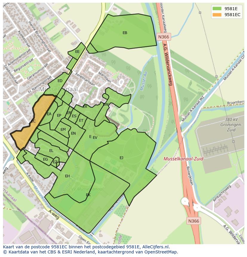 Afbeelding van het postcodegebied 9581 EC op de kaart.