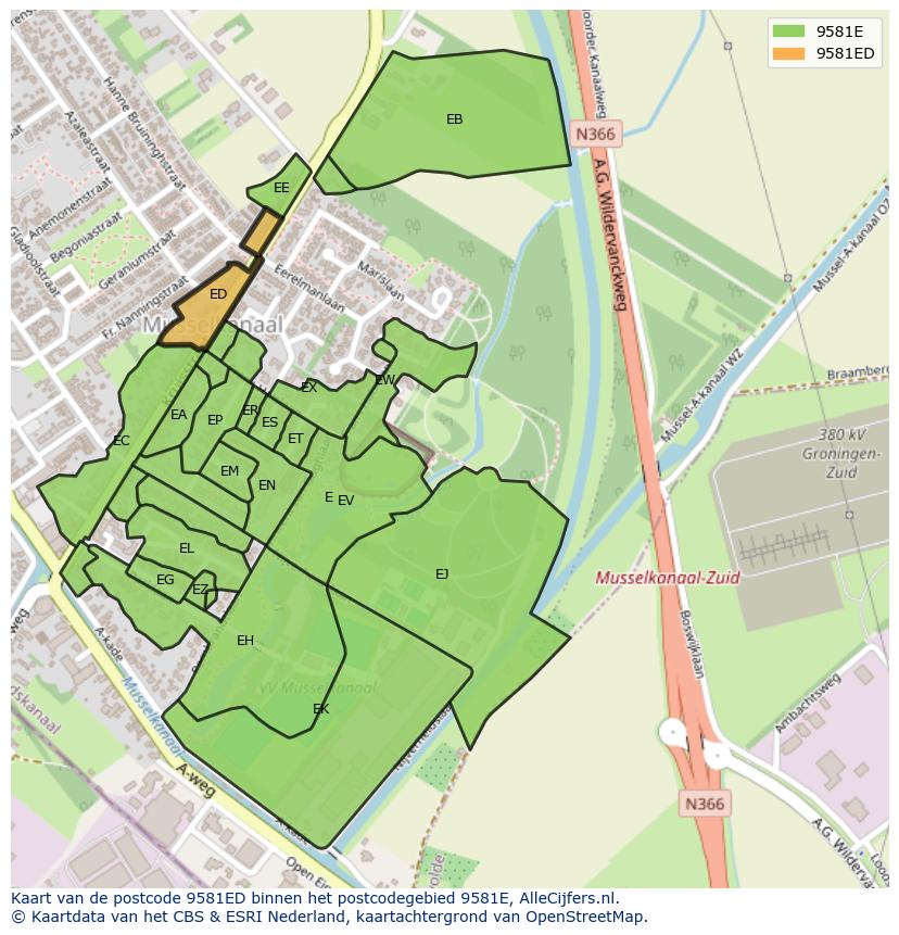 Afbeelding van het postcodegebied 9581 ED op de kaart.