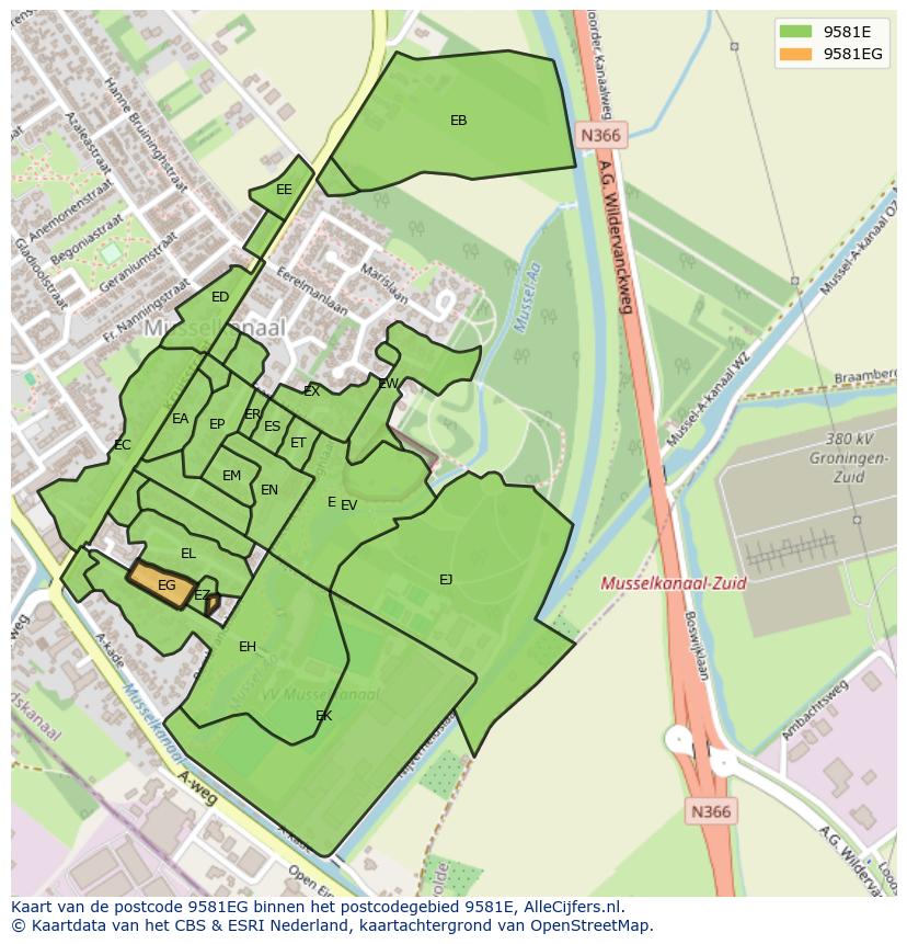 Afbeelding van het postcodegebied 9581 EG op de kaart.