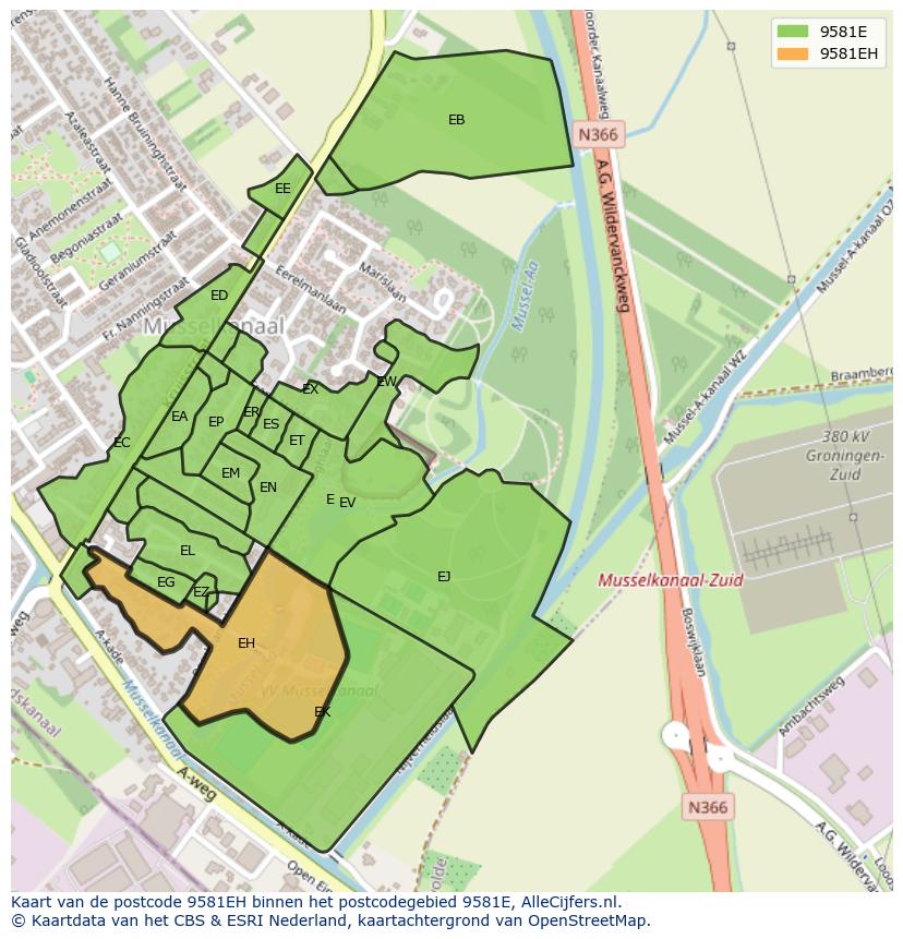 Afbeelding van het postcodegebied 9581 EH op de kaart.