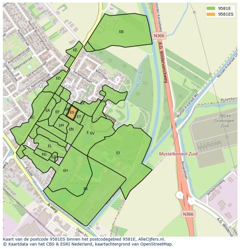 Afbeelding van het postcodegebied 9581 ES op de kaart.