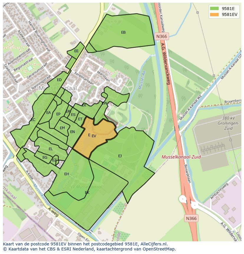 Afbeelding van het postcodegebied 9581 EV op de kaart.