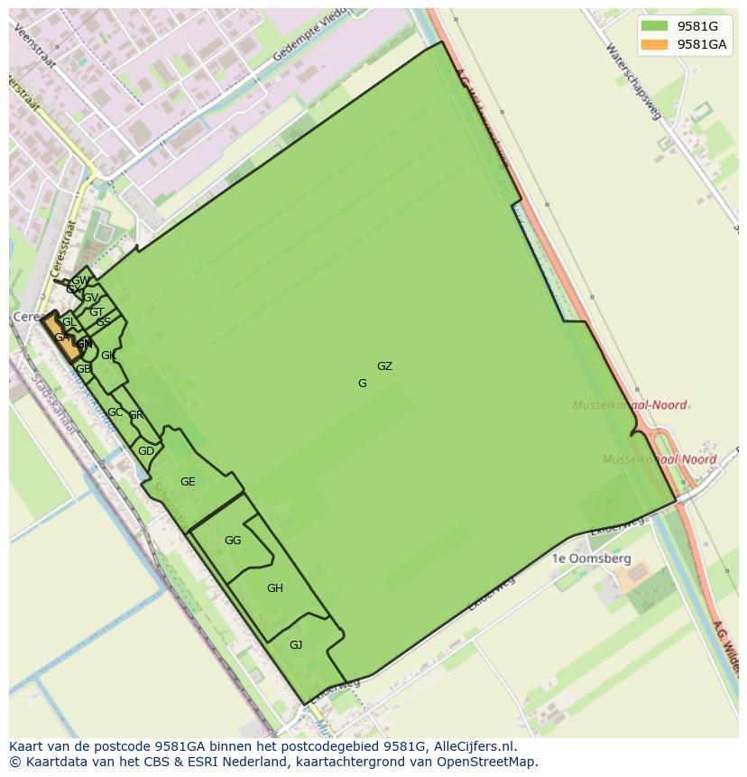 Afbeelding van het postcodegebied 9581 GA op de kaart.