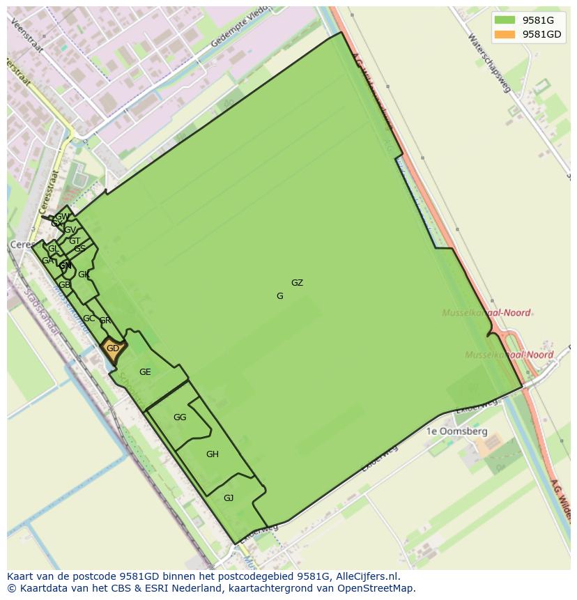 Afbeelding van het postcodegebied 9581 GD op de kaart.