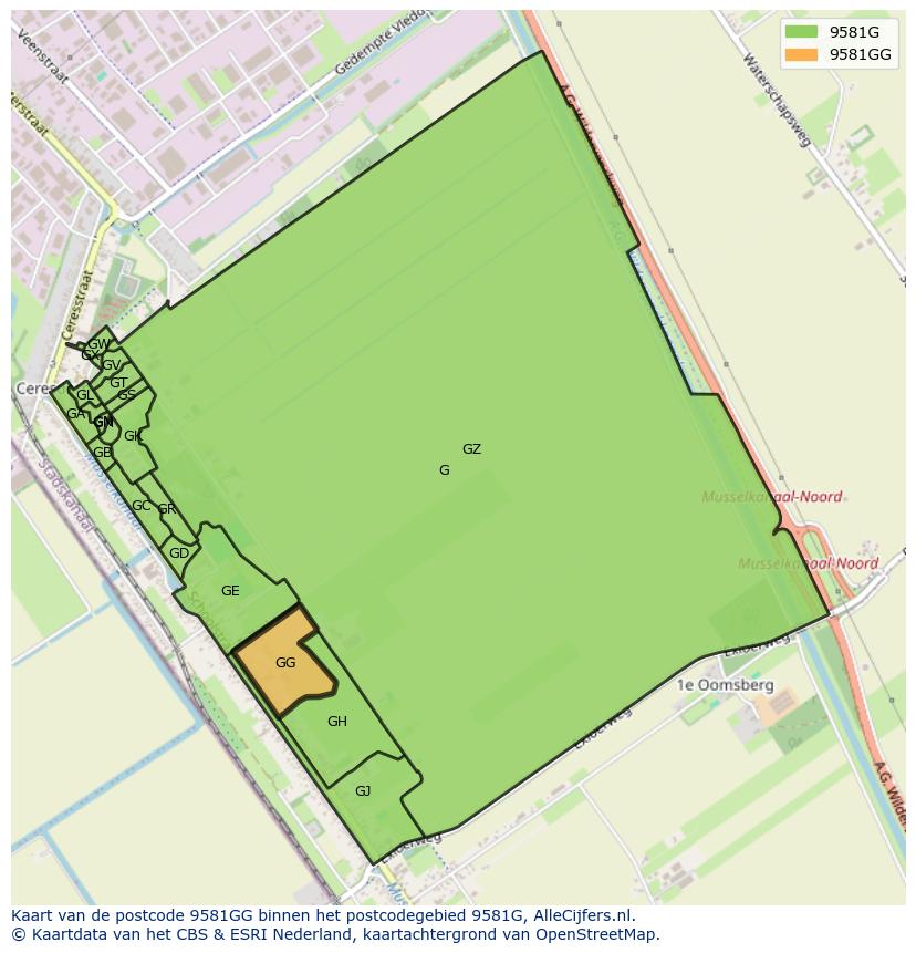 Afbeelding van het postcodegebied 9581 GG op de kaart.