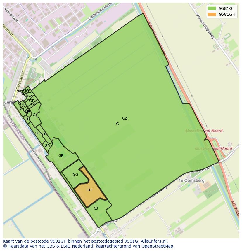 Afbeelding van het postcodegebied 9581 GH op de kaart.