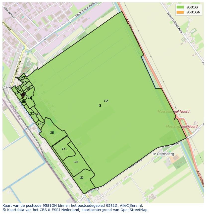 Afbeelding van het postcodegebied 9581 GN op de kaart.
