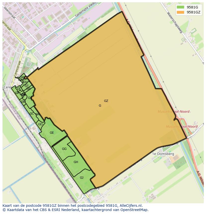 Afbeelding van het postcodegebied 9581 GZ op de kaart.