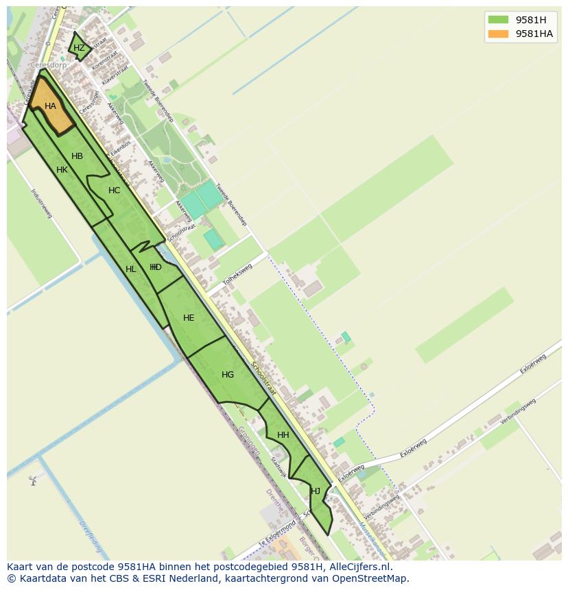 Afbeelding van het postcodegebied 9581 HA op de kaart.