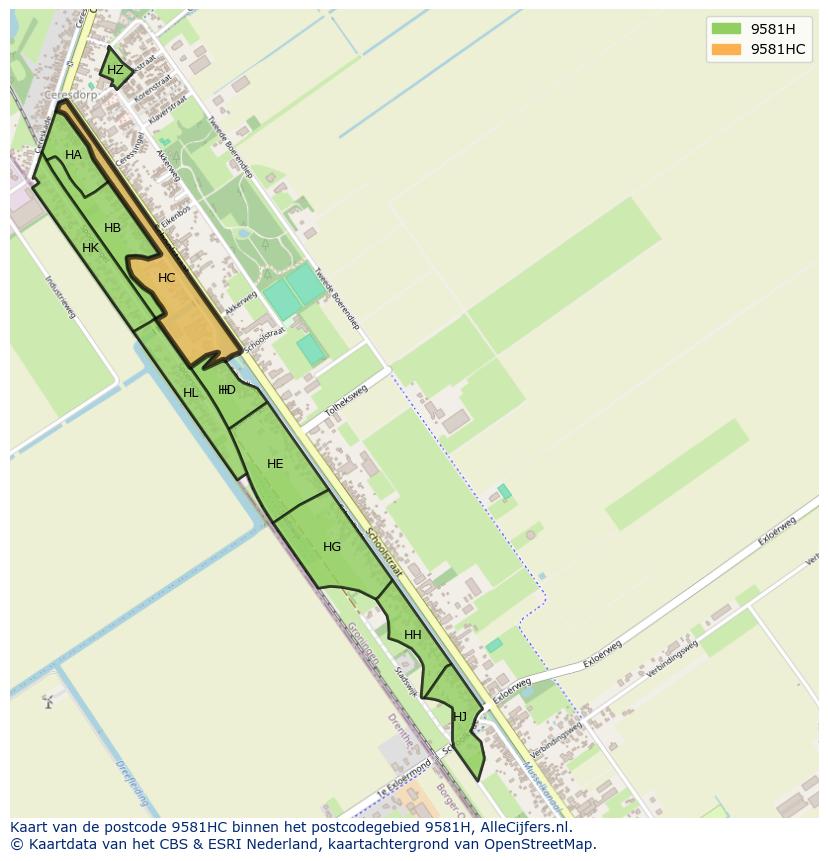 Afbeelding van het postcodegebied 9581 HC op de kaart.