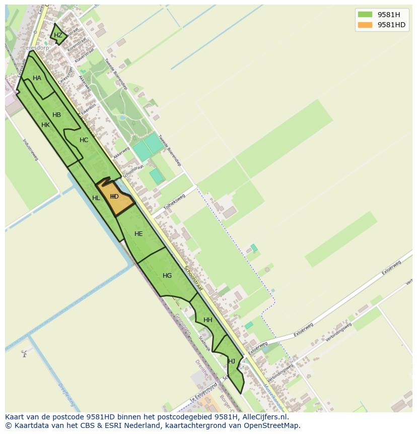 Afbeelding van het postcodegebied 9581 HD op de kaart.