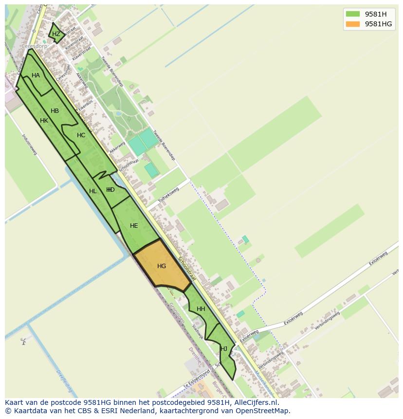Afbeelding van het postcodegebied 9581 HG op de kaart.