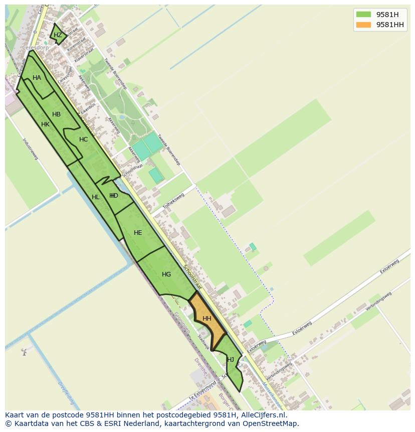 Afbeelding van het postcodegebied 9581 HH op de kaart.
