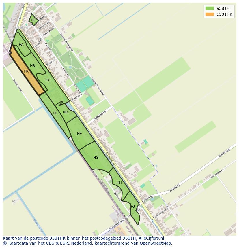 Afbeelding van het postcodegebied 9581 HK op de kaart.