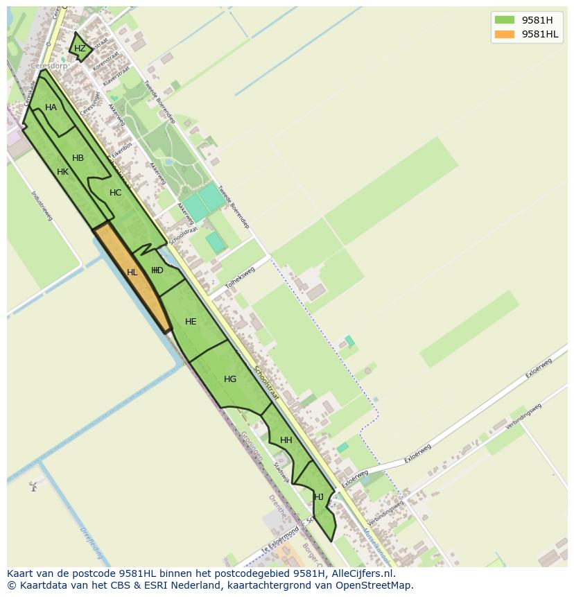 Afbeelding van het postcodegebied 9581 HL op de kaart.