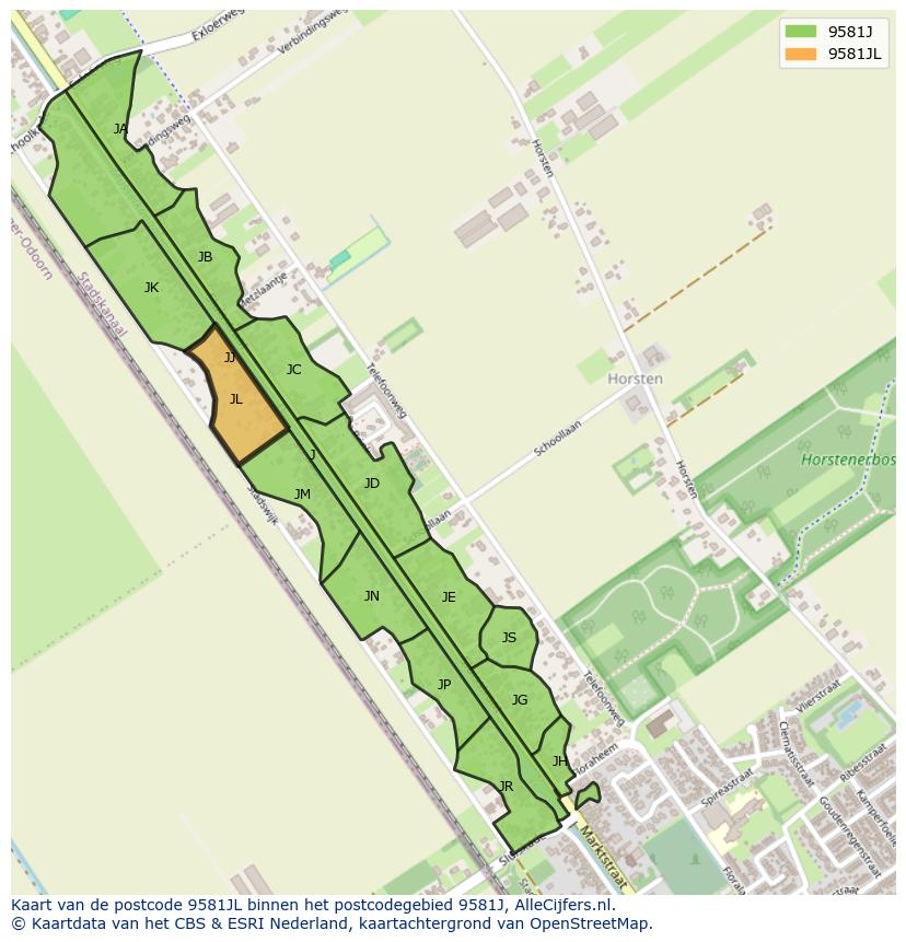 Afbeelding van het postcodegebied 9581 JL op de kaart.
