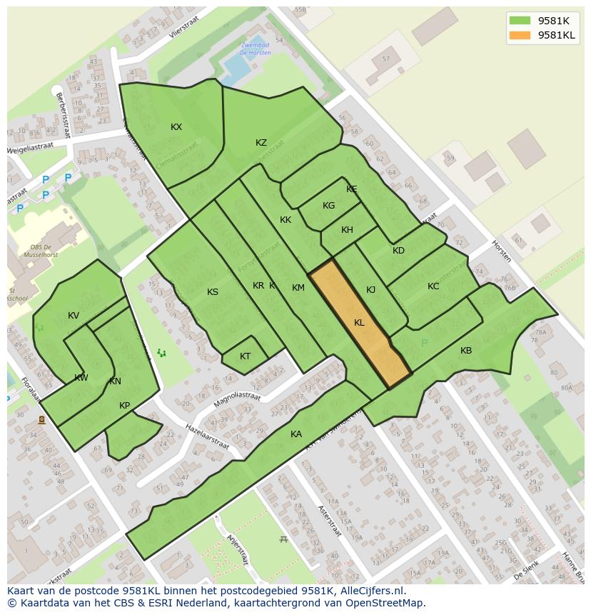 Afbeelding van het postcodegebied 9581 KL op de kaart.