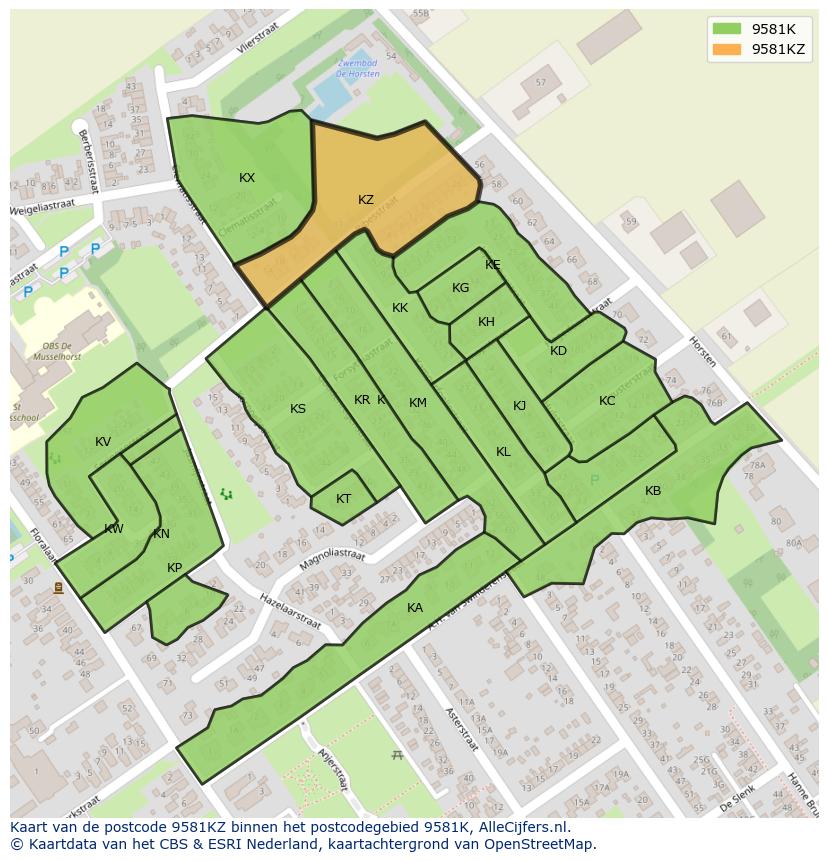 Afbeelding van het postcodegebied 9581 KZ op de kaart.