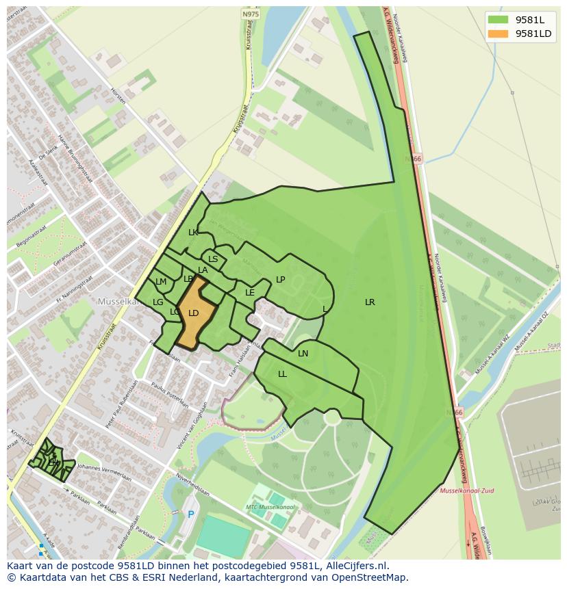 Afbeelding van het postcodegebied 9581 LD op de kaart.