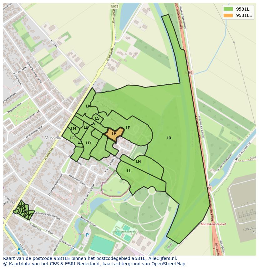 Afbeelding van het postcodegebied 9581 LE op de kaart.