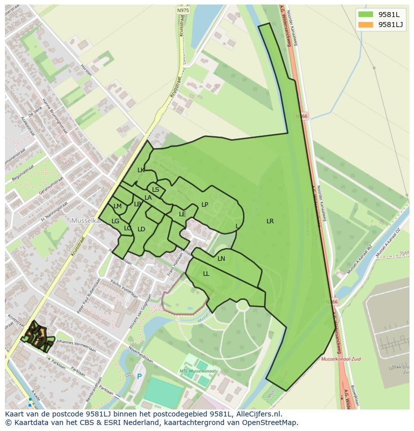 Afbeelding van het postcodegebied 9581 LJ op de kaart.