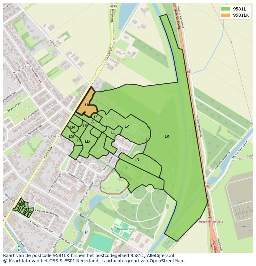 Afbeelding van het postcodegebied 9581 LK op de kaart.