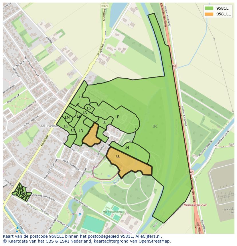 Afbeelding van het postcodegebied 9581 LL op de kaart.