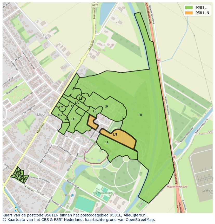 Afbeelding van het postcodegebied 9581 LN op de kaart.