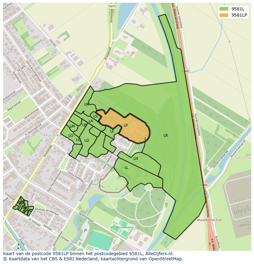 Afbeelding van het postcodegebied 9581 LP op de kaart.