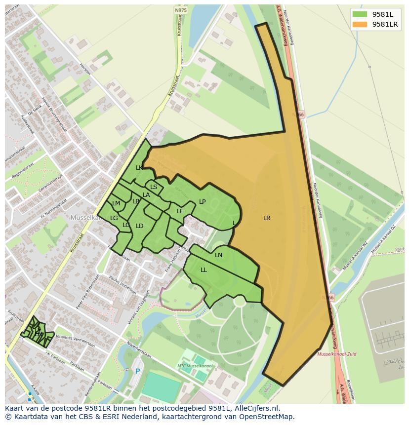 Afbeelding van het postcodegebied 9581 LR op de kaart.