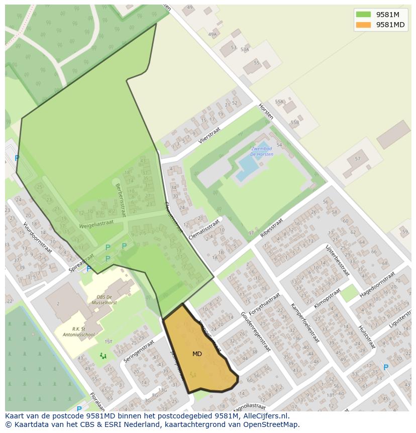 Afbeelding van het postcodegebied 9581 MD op de kaart.
